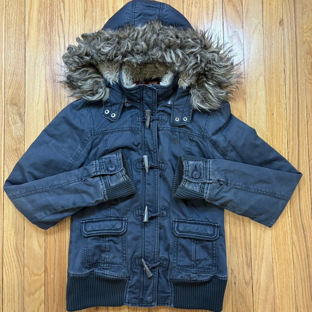 Y2K Abercrombie & Fitch Size L Navy Blue Toggle Fur Plaid Lined Hooded Jacket